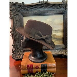 Doeskin Felt Brown 100% Wool Fedora Hat Grosgrain Ribbon Bow Geo W Bollman USA
